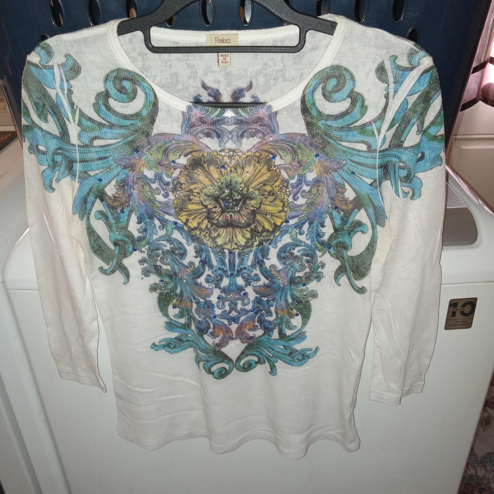 Reba White Blouse with Blue and Green Floral Design